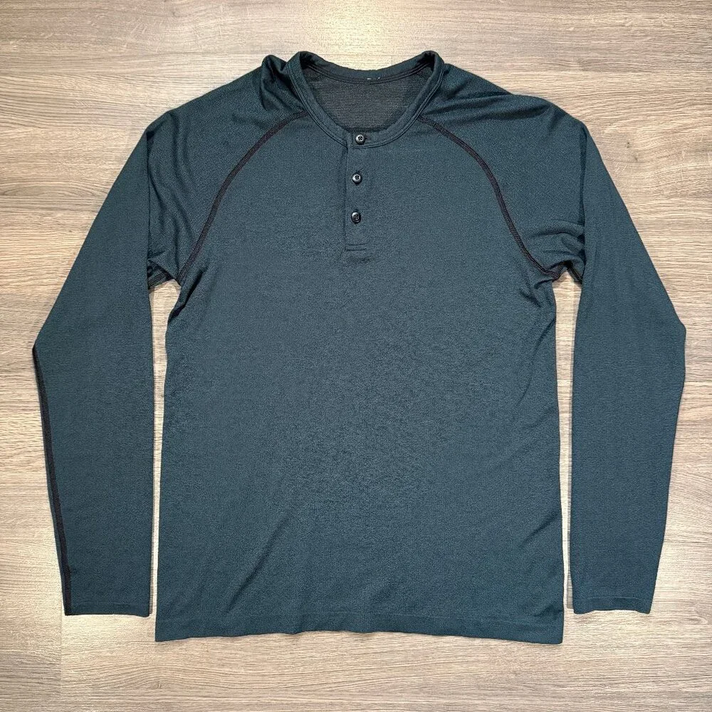 Lululemon Men's Metal Vent Tech Long Sleeve Henley - Black/Green - Picture 2 of 8